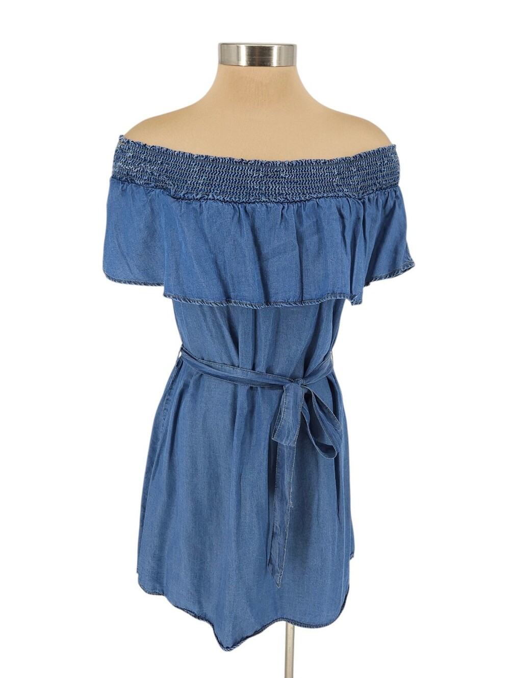 Haute Monde Shift Dress Blue Chambray Off Shoulder Flutter Sleeve Tie Belt Small